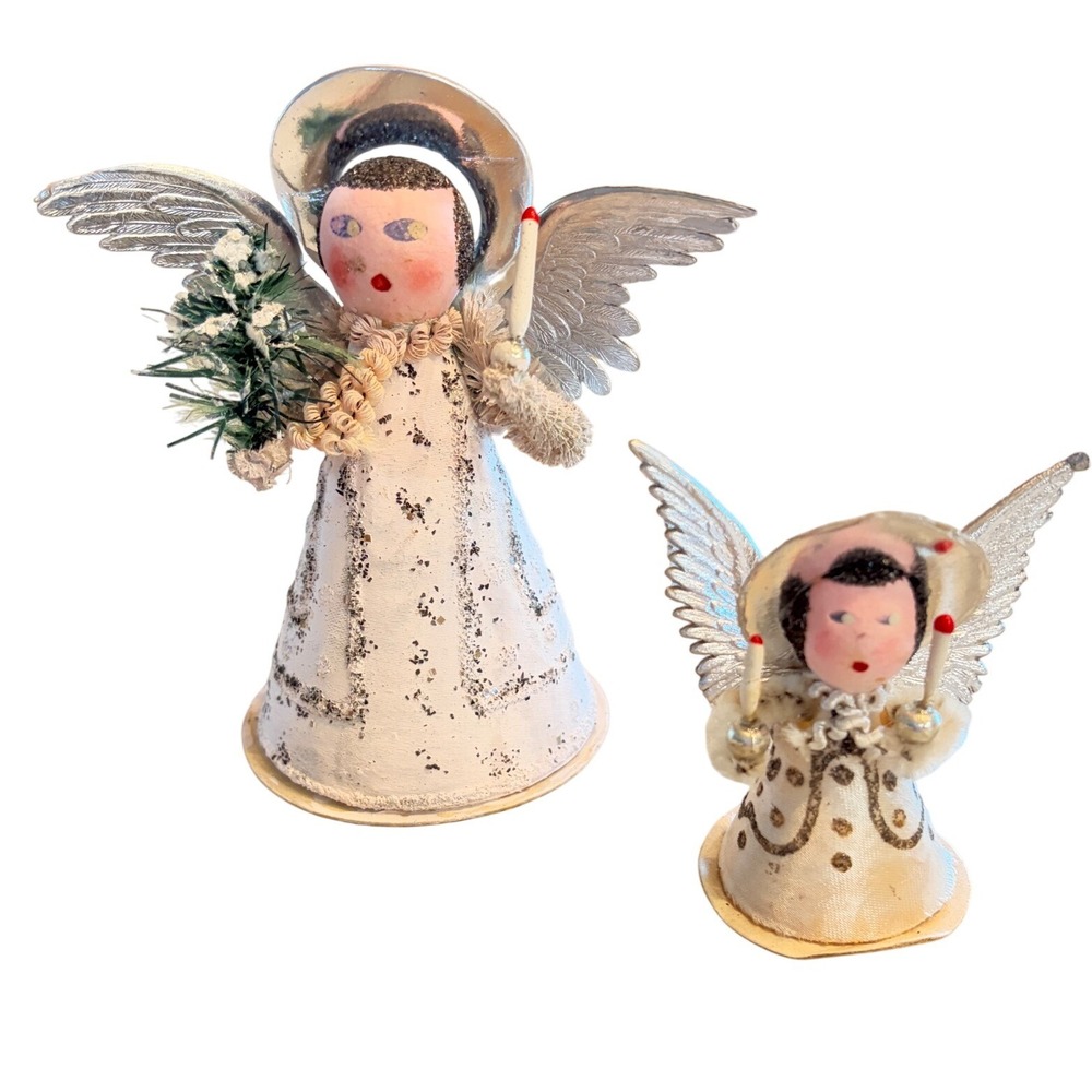 Vintage West Germany Christmas Angel Figurines Spun Cotton Chenille Silver Wings